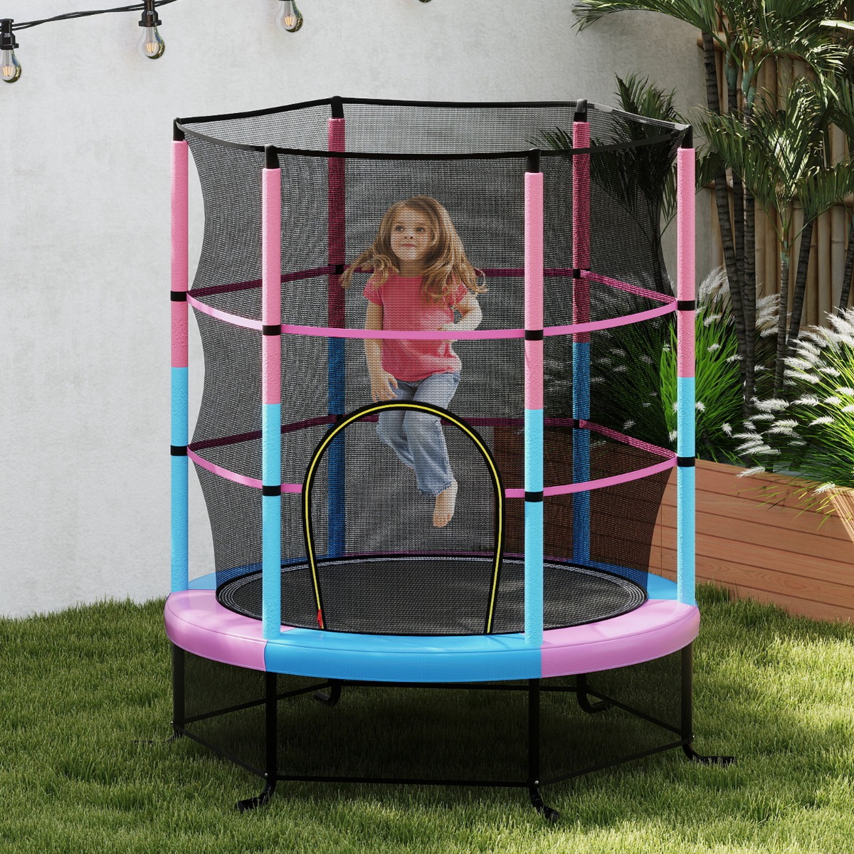 Ø165cm Gartentrampolin mit Sicherheitsnetz Trampolin bis 135KG belastbar für Kinder ab 3 Jahre Rosa