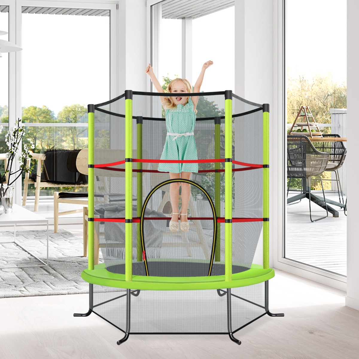 Ø140cm Gartentrampolin mit Sicherheitsnetz Trampolin bis 135KG belastbar für Kinder ab 3 Jahre Grün