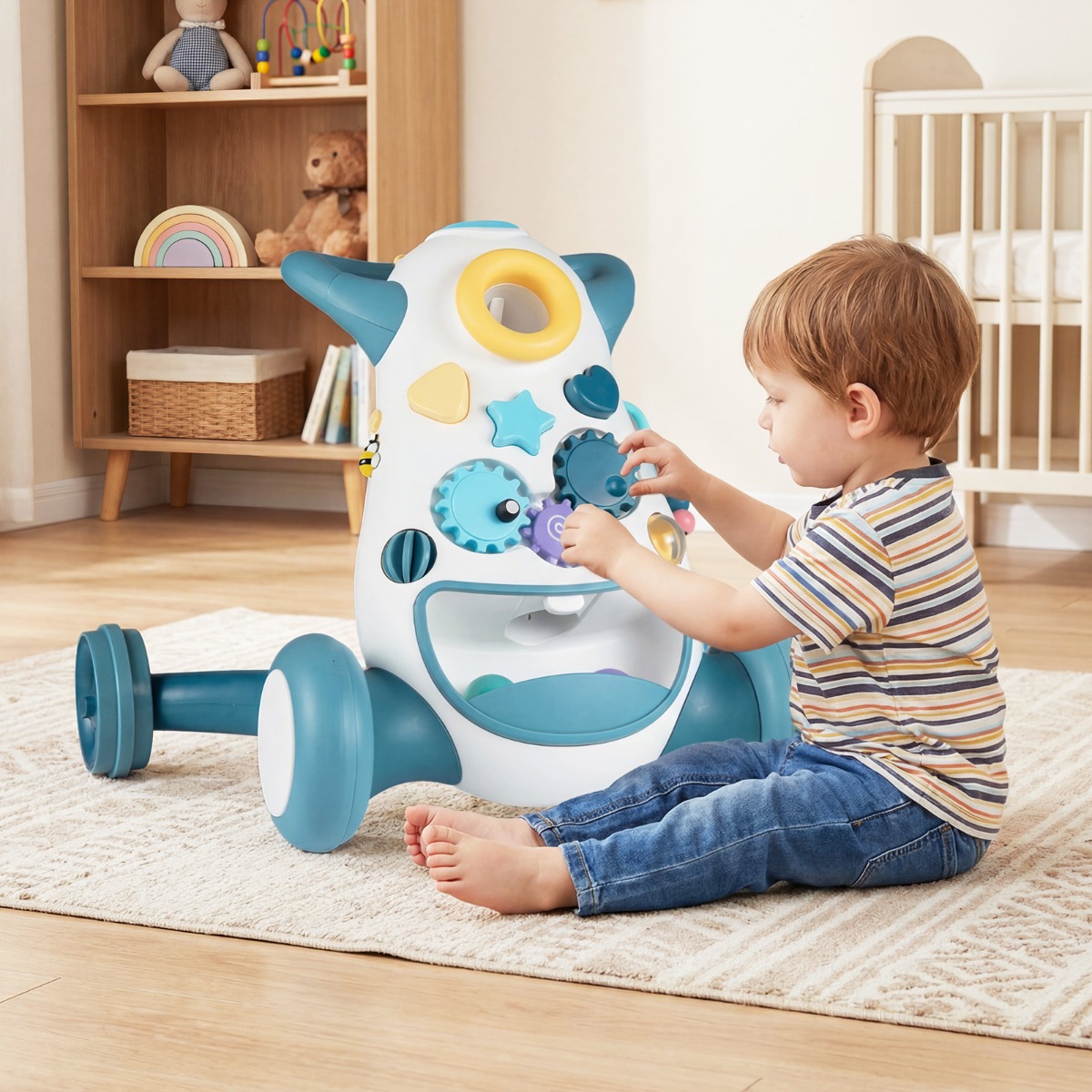 Lauflernwagen Baby Walker mit Musik & Licht Lauflernhilfe mit Formensortierer rotierende Zahnräder Blau