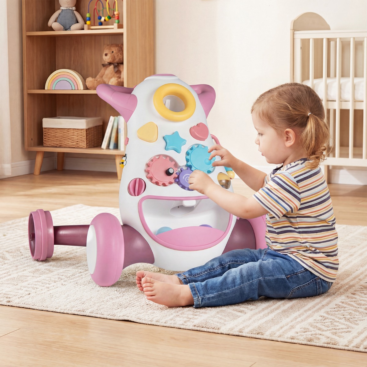 Lauflernwagen Baby Walker mit Musik & Licht Lauflernhilfe mit Formensortierer rotierende Zahnräder Rosa