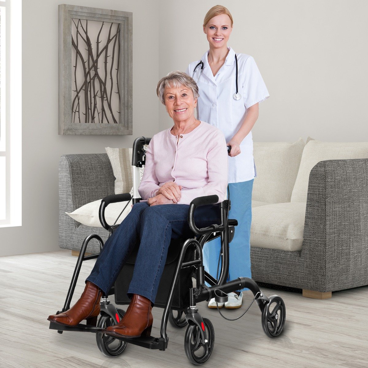 Rollator faltbar und leicht mit Sitz 2 in 1 Rollstuhl & Reiserollator Gehhilfe 6-fach höhenverstellbar
