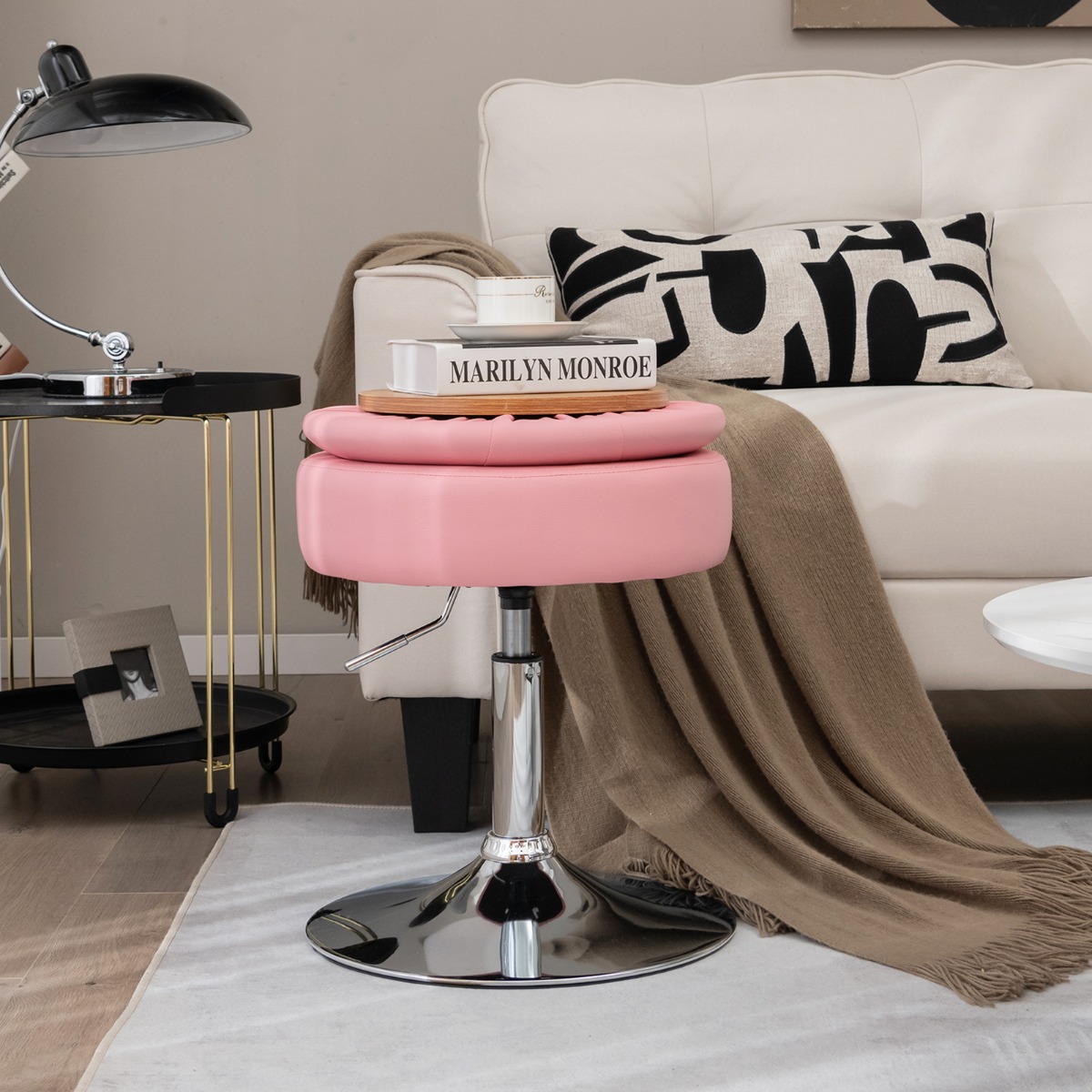 Schminkhocker mit Stauraum um 360° Drehbarer Hocker aus Kunstleder Rosa