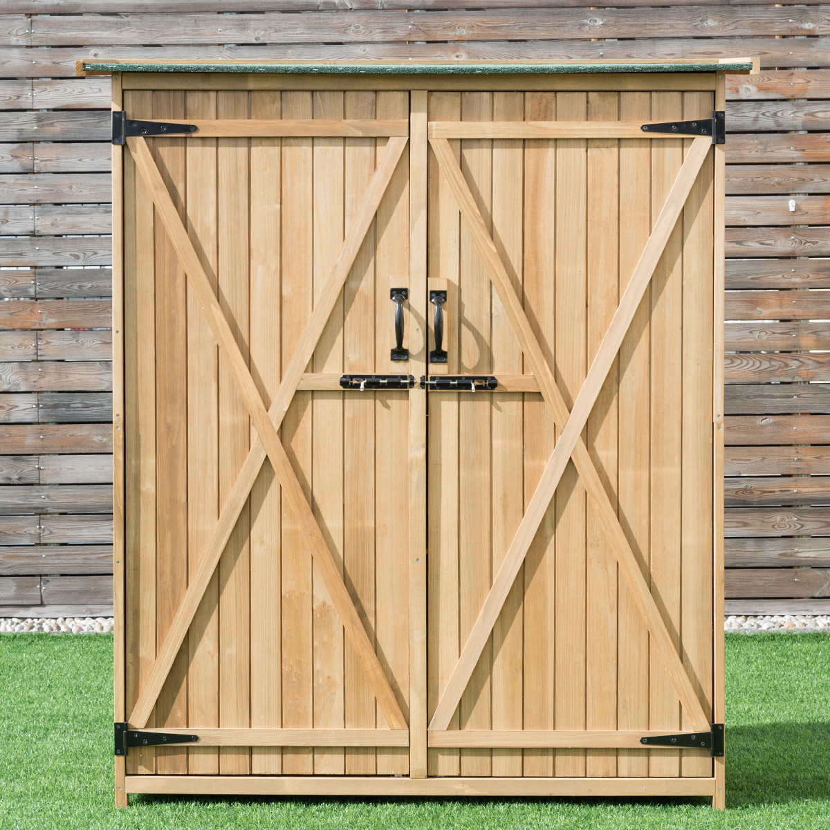 Gartenschrank aus Massivholz mit Schrägem Asphaltdach & Doppelt Türen & Regalen Gerätehaus