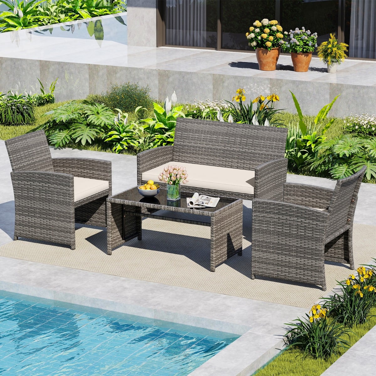 4-teiliges Gartenmöbel Set Gesprächsset inkl. Rattanstuhl Loveseat & Tisch Balkonmöbel Set Beige