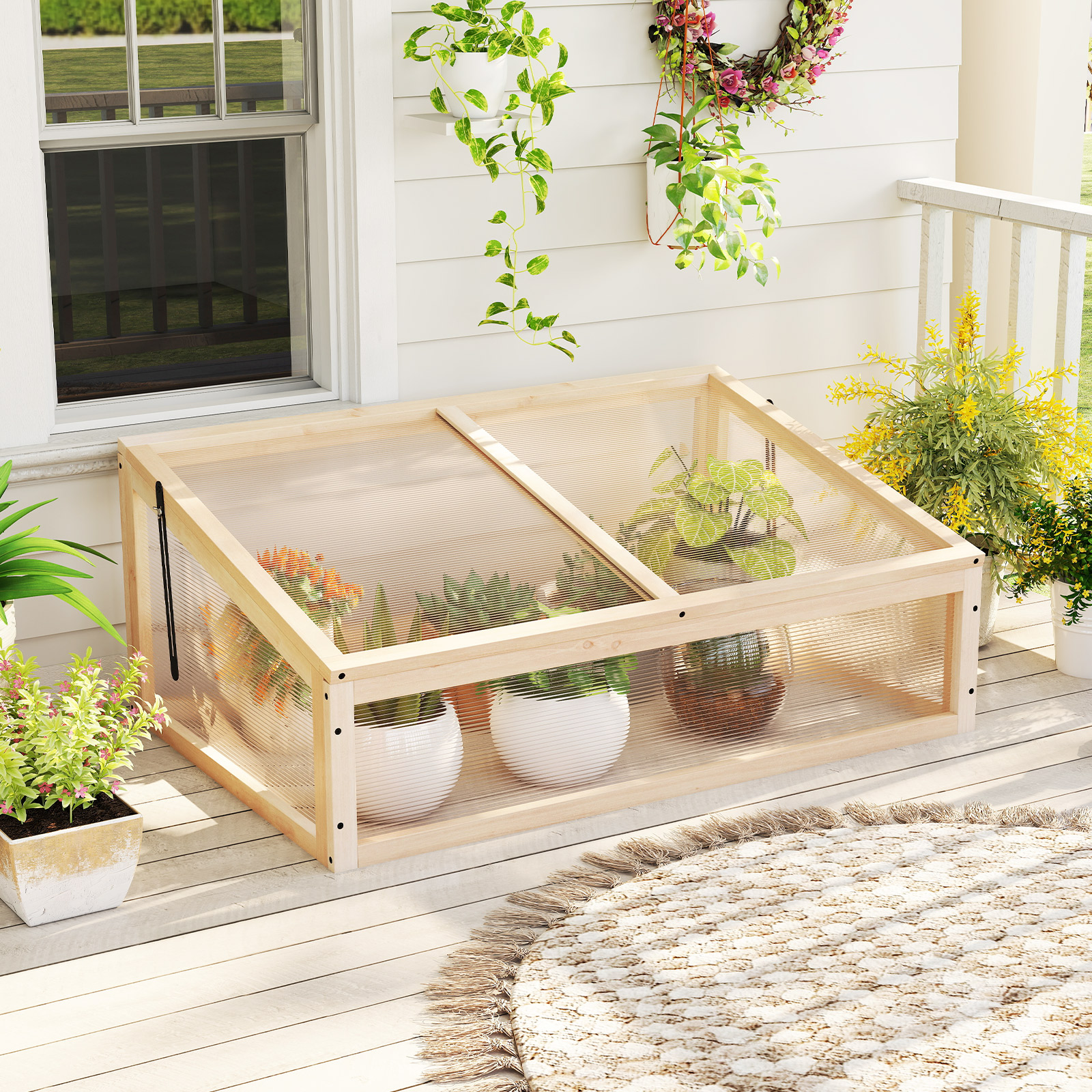 Gewächshaus Treibhaus Holz erhöhtes Pflanzbeet mit transparenter Klapp-Dach tragbares Pflanzenbeet Natur 94 x 63 x 40 cm