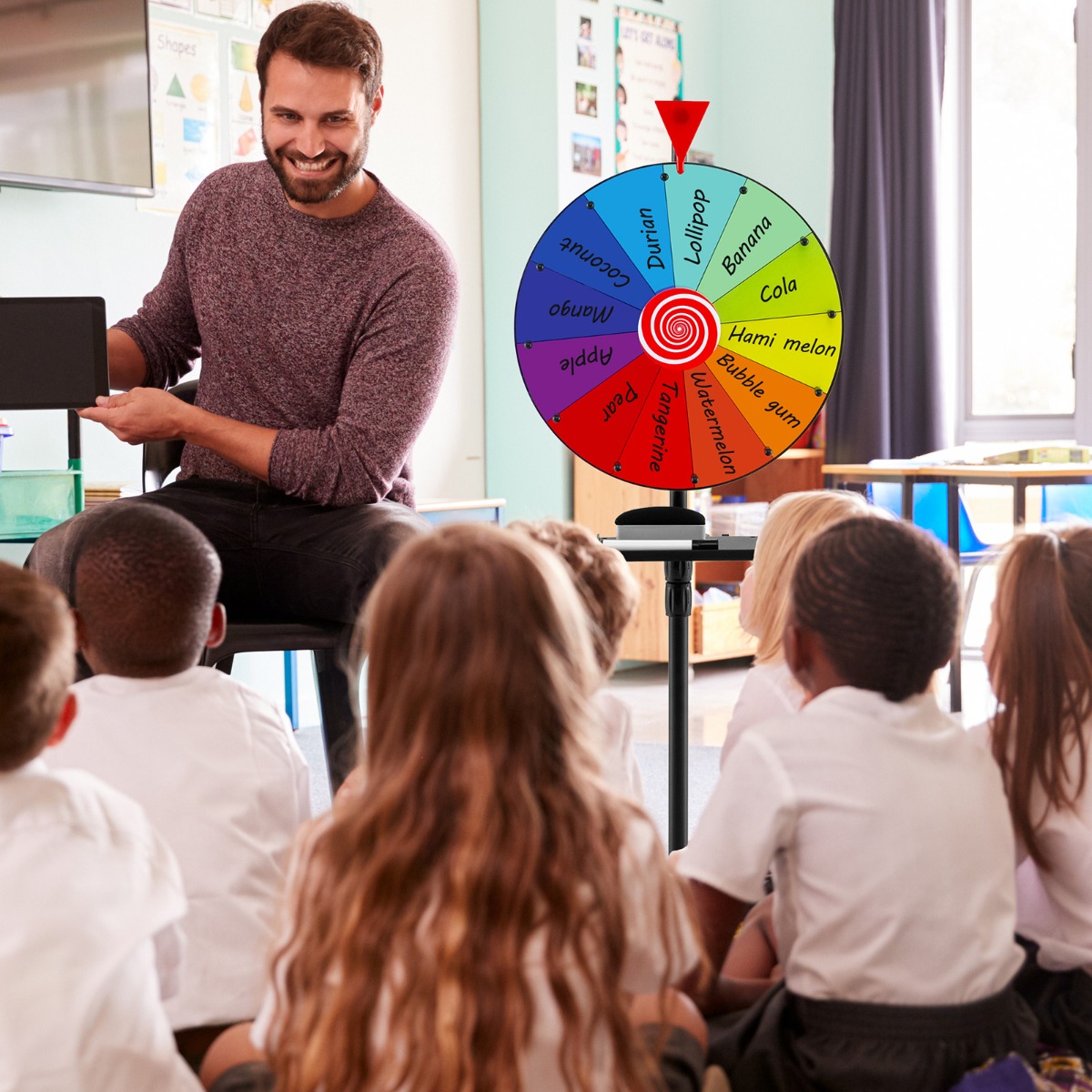 Ø 40 cm Glücksrad mit Dreibein-Bodenständer Höhenverstellbares Preisrad mit Ablage