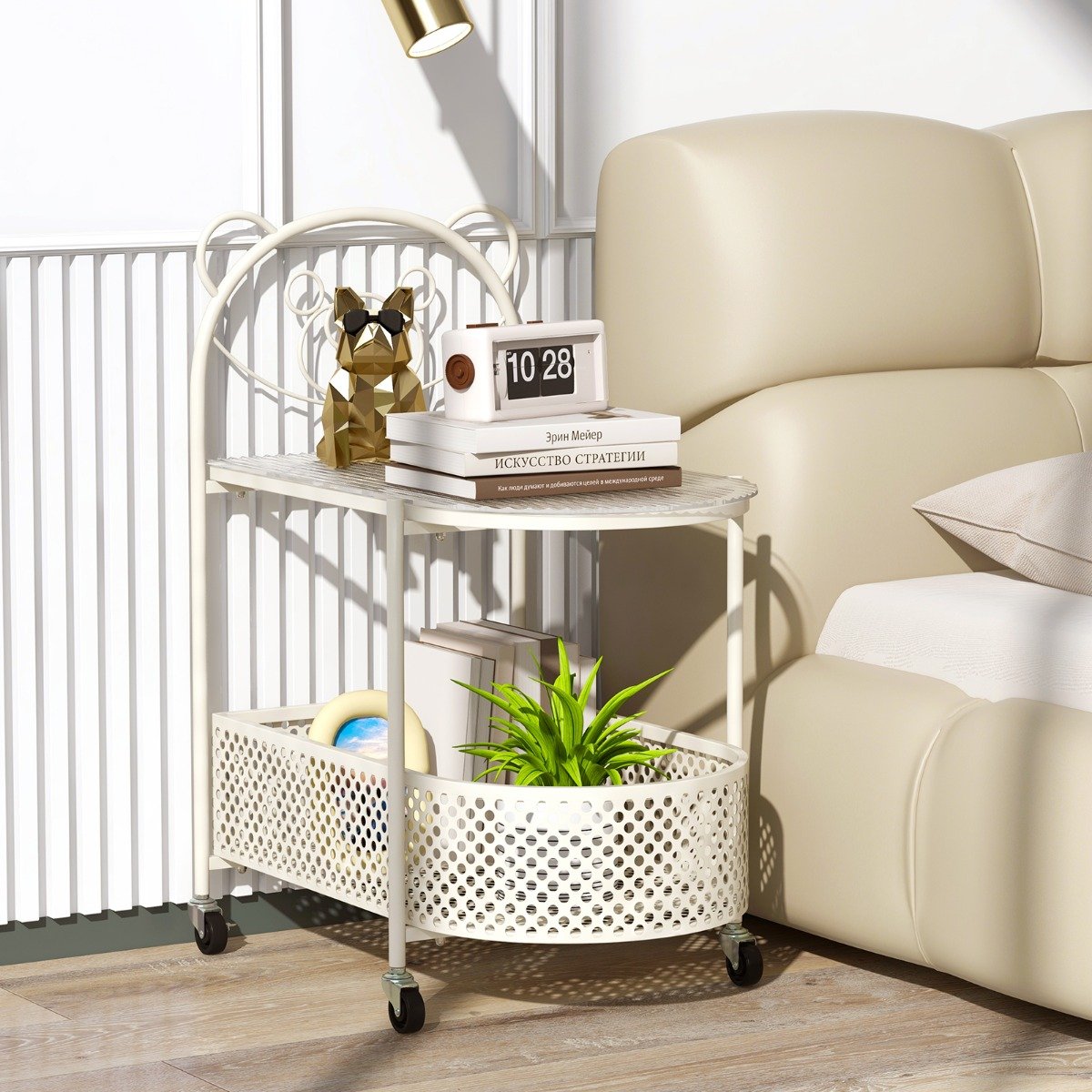 Beistelltisch Glas mit Rollen 2-stufiger Glastisch mit Bärenmuster 60 x 40 x 76 cm Weiß