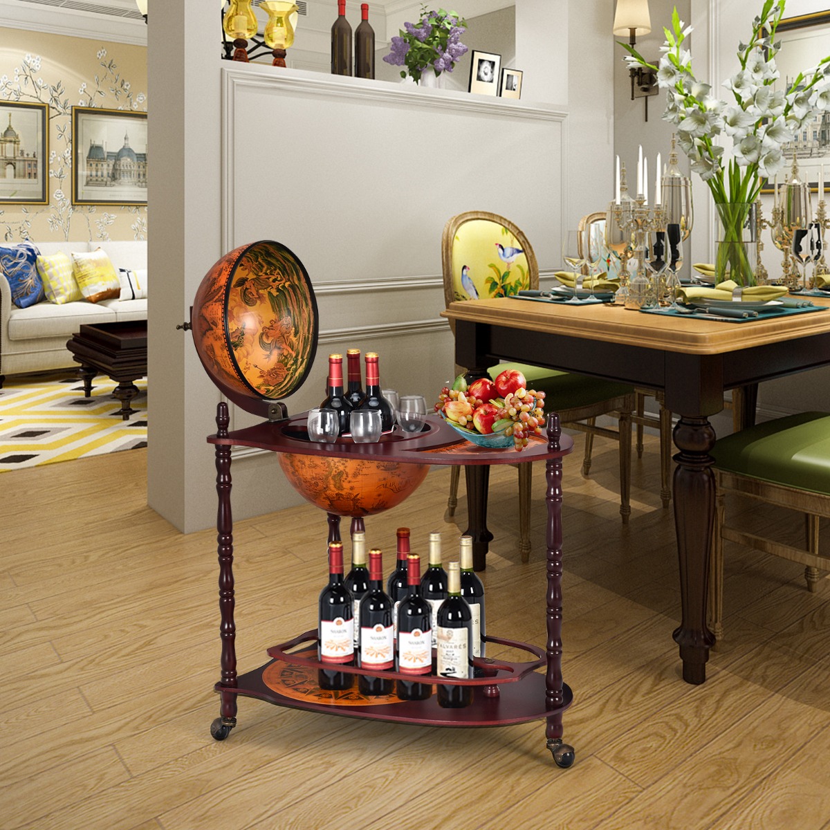 Globusbar aus Eukalyptusholz auf 3 Rollen zum Öffnen Heimbar Flaschenregal