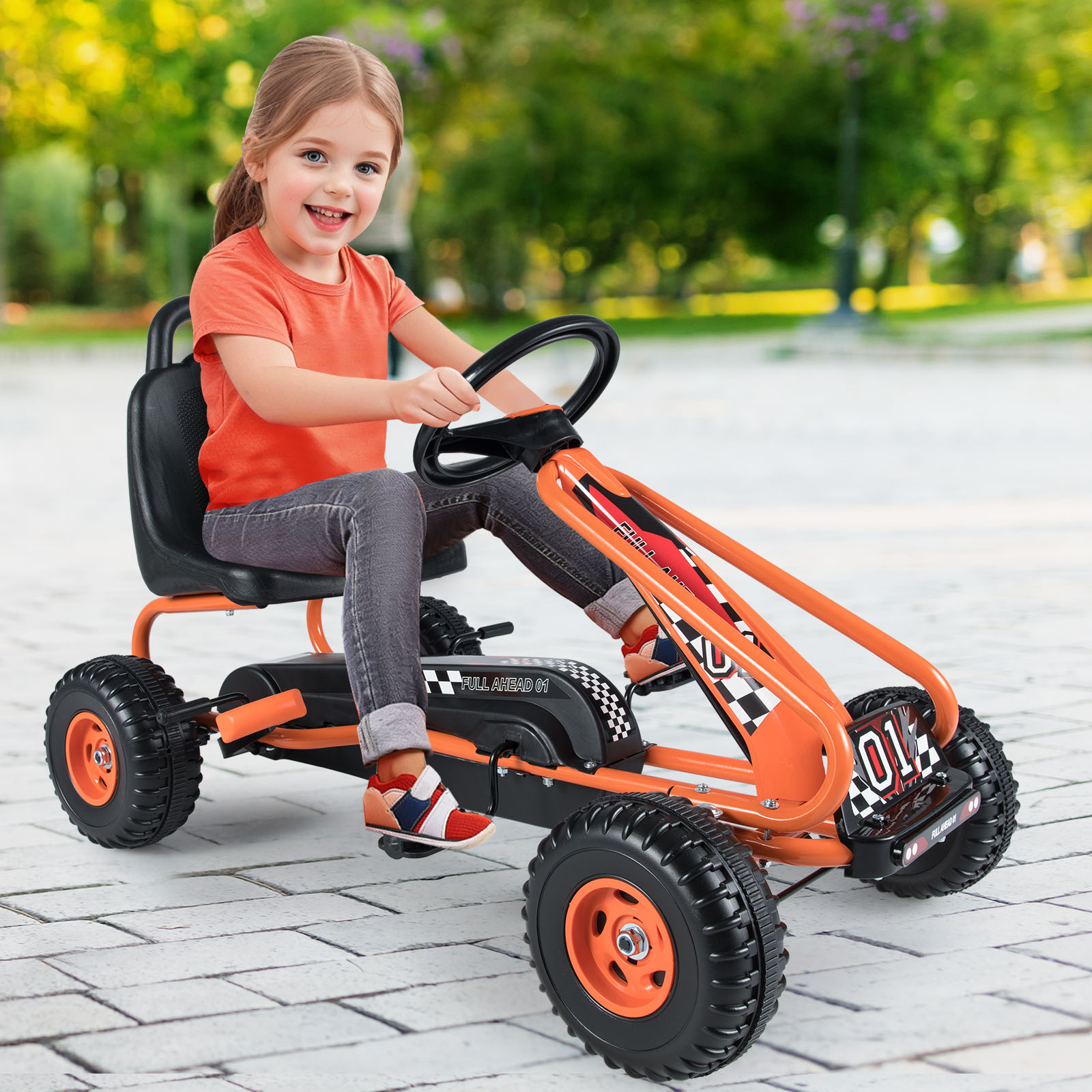 Gokart mit Verstellbarem Sitz & Handbremse Tretauto bis 30kg Belastbar Pedal Go Cart Orange