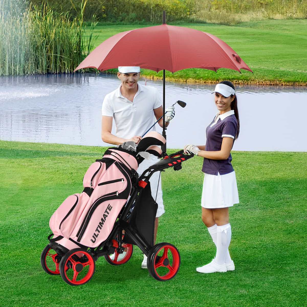 Golf Trolley 4 Rad Golftrolley Golfwagen Golf klappbar Golfcaddy Golf Push Cart aus Aluminum Rot
