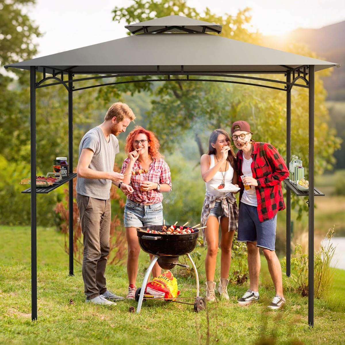 Grillpavillon mit Doppeldach & 2 Seitenregalen & 6 Haken Gartenpavillon BBQ Pavillon 242 x 150 cm