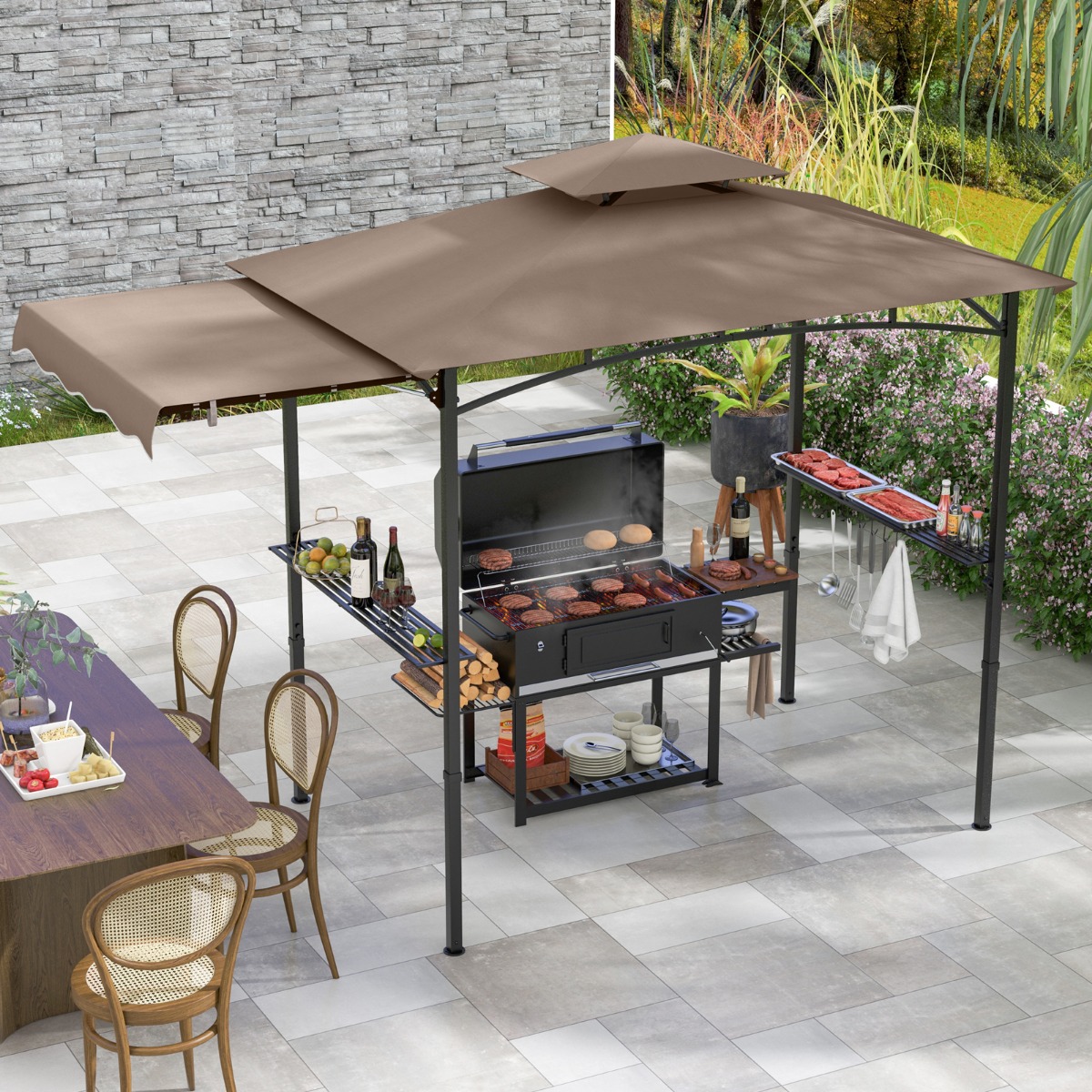 Grillpavillon mit Seitenmarkise Doppeldach 2 Seitenregalen & Haken Gartenpavillon BBQ Pavillon Braun