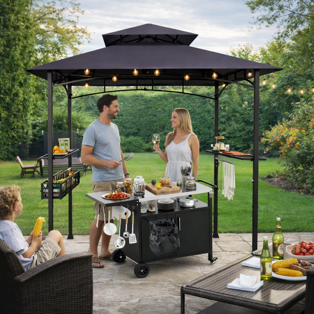 Grillpavillon mit Grillwagen Grillüberdachungen wetterfest Grilltisch Outdoor
