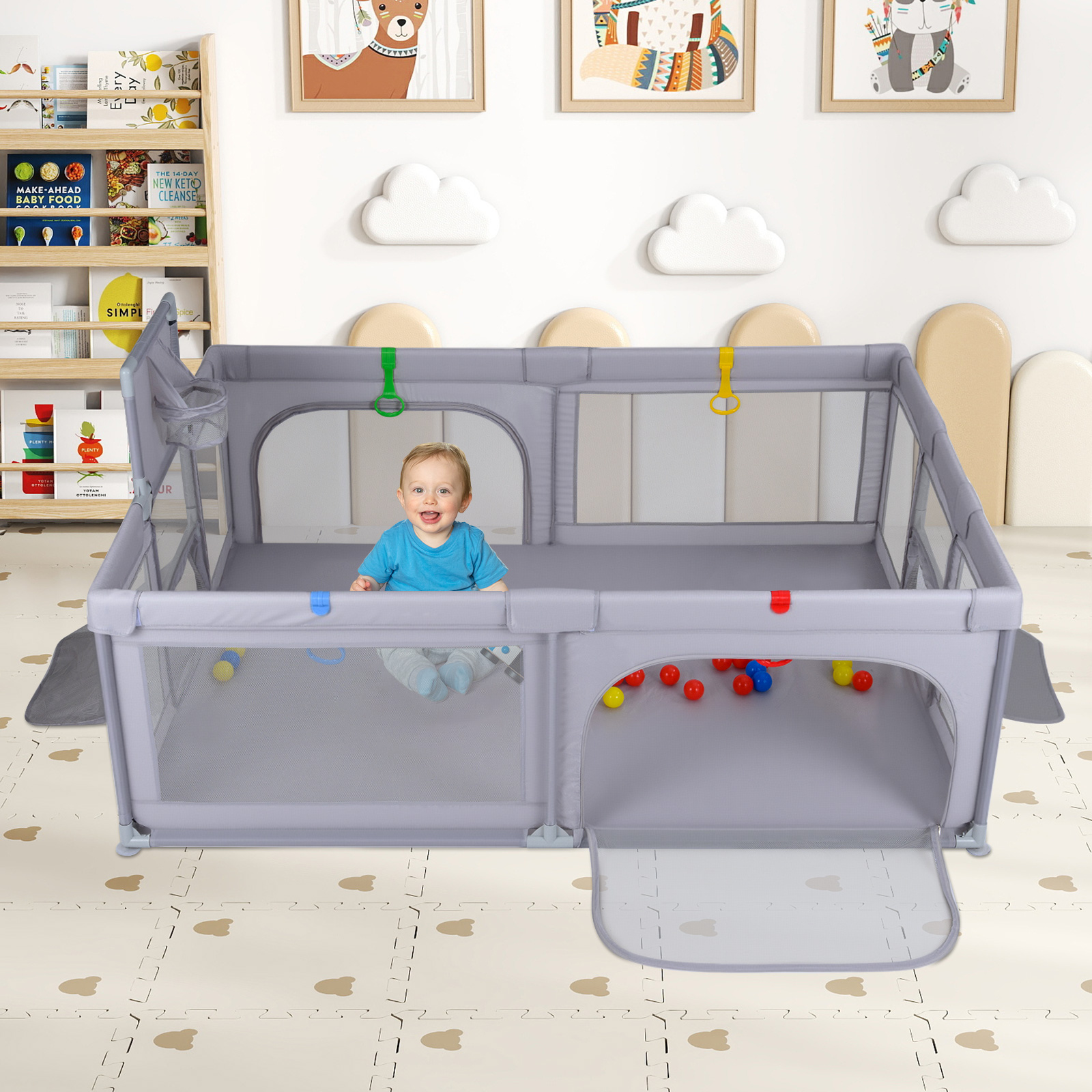 Großer Baby-Laufstall sicherer Spielbereich mit Basketballkorb & Fußballnetzen Greifringen Hellgrau