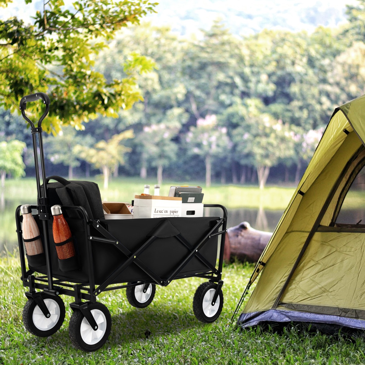 Faltbarer Bollerwagen mit Verstellbarem Griff & Getränkehaltern bis 68 kg Belastbar für Einkaufen Camping Schwarz