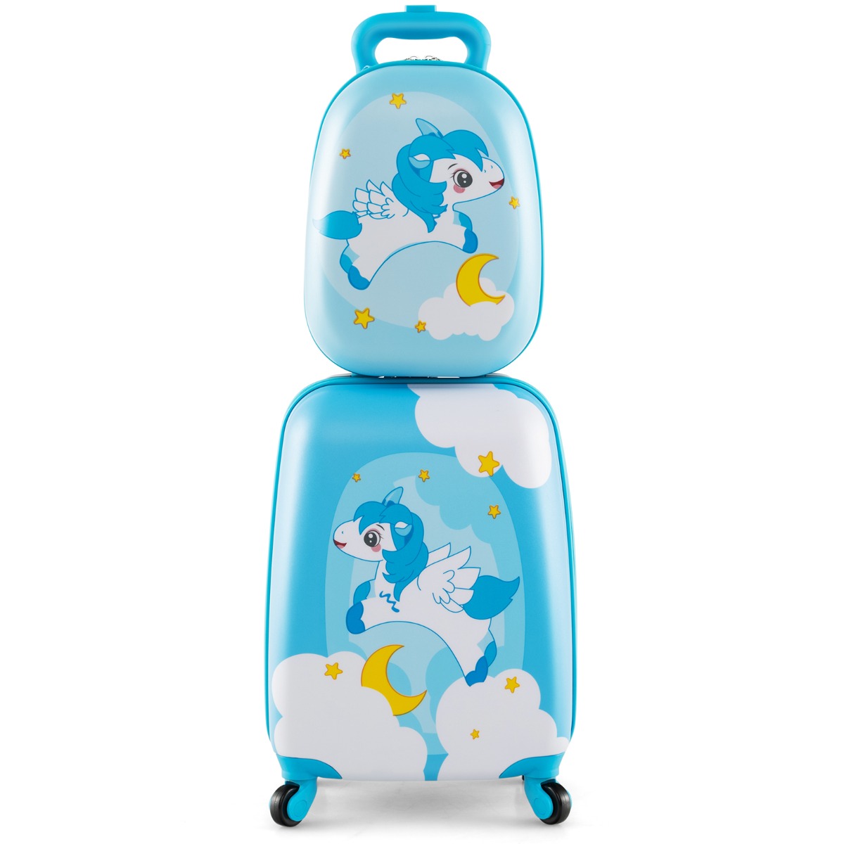2tlg Kinderkoffer + Rucksack aus Kunststoff Kindertrolley Kindergepäck 12'+16' Blau Einhorn
