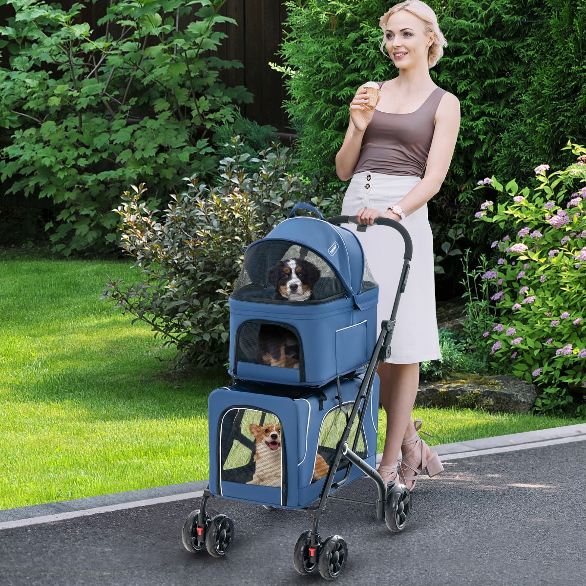 3 in 1 Hundewagen Hundebuggy 2 Etagen mit Netzfenstern & Taschen & Polstern Blau
