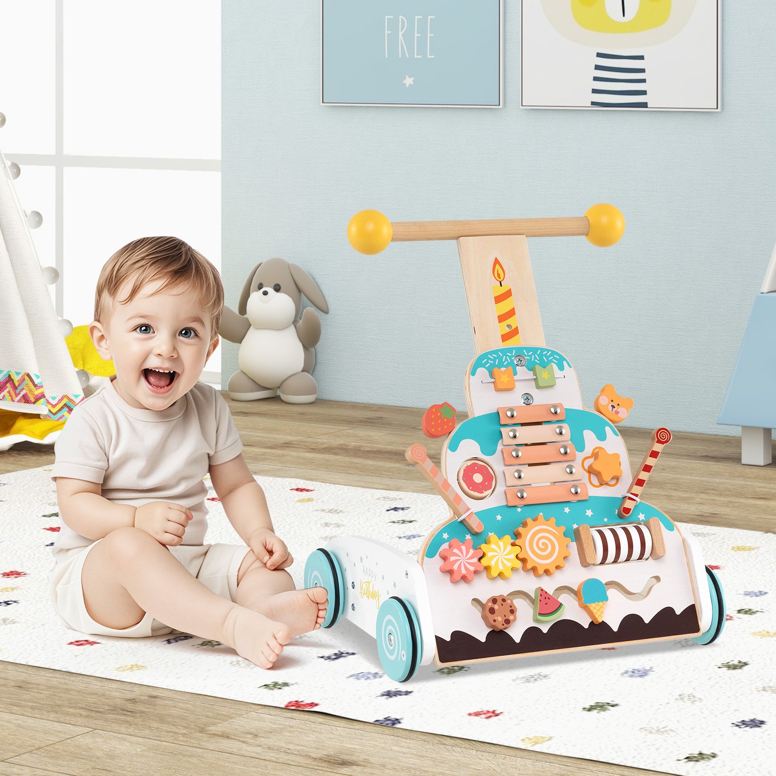 Höhenverstellbarer Baby Walker mit Aktivitätszentrum Holz Lauflernwagen Montessori Laufspielzeug