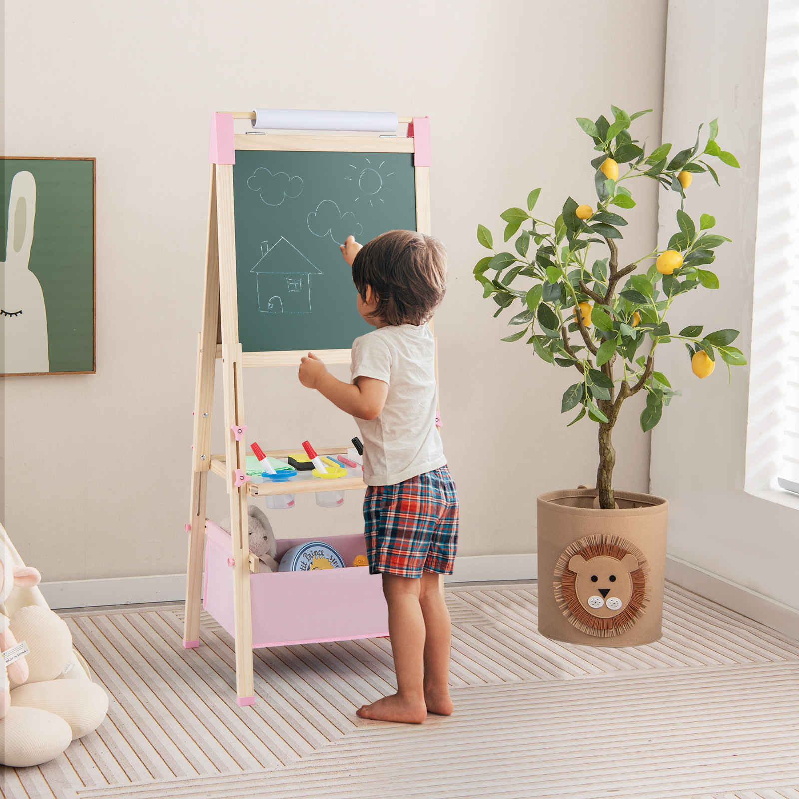 Höhenverstellbare Zeichentafel für Kinder doppelseitige Staffelei mit magnetischer Tafel Natur