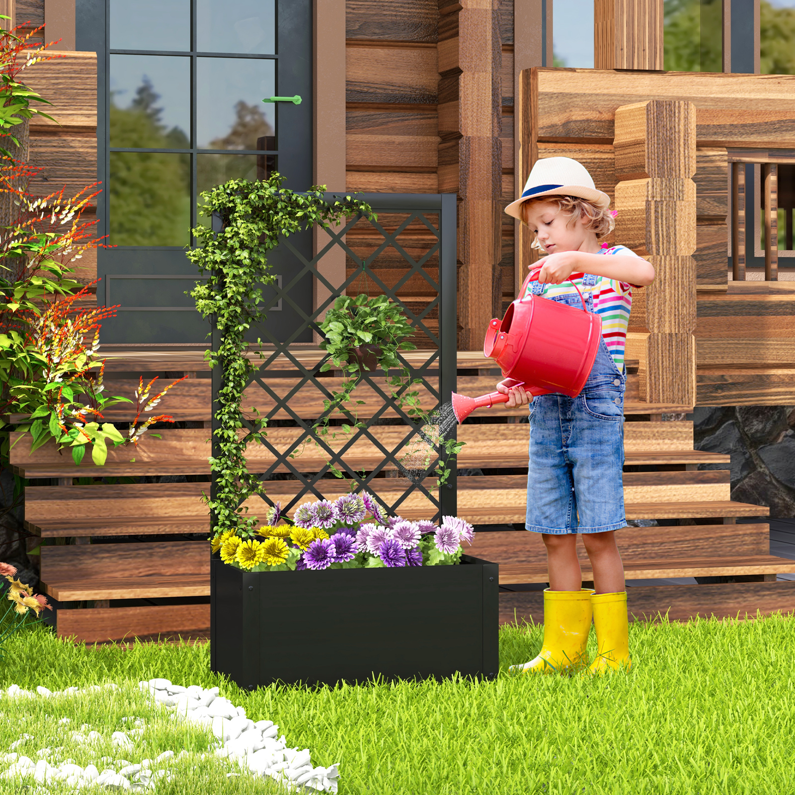Hochbeet mit Rankgitter 112 cm Metall-Pflanzkasten für Kletterpflanzen Gemüse Rankpflanzen Blumen