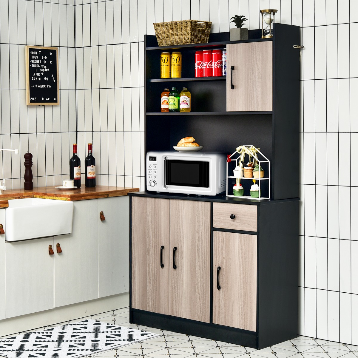 180 cm Küchenschrank mit Ladestation & Arbeitsplatte & Schublade Buffet Sideboard Schwarz
