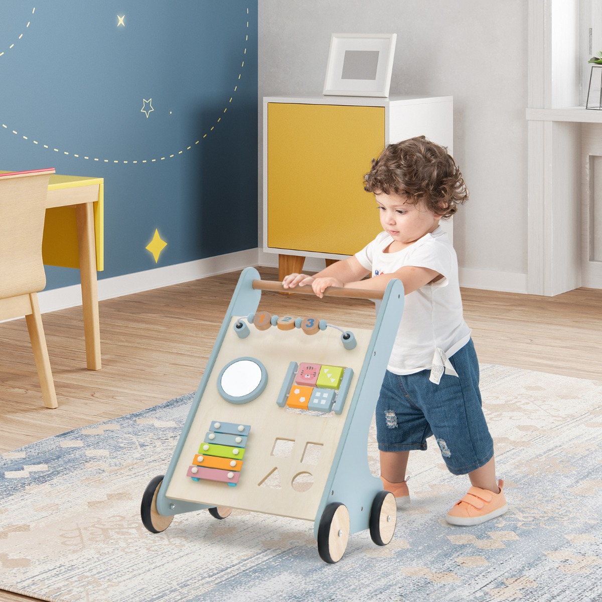 Holz Baby Lauflernhilfe mit Xylophon & umklappbaren Klötzen Griffbereite Schiebewagen-Spielzeug für Kinder ab 10 Monaten