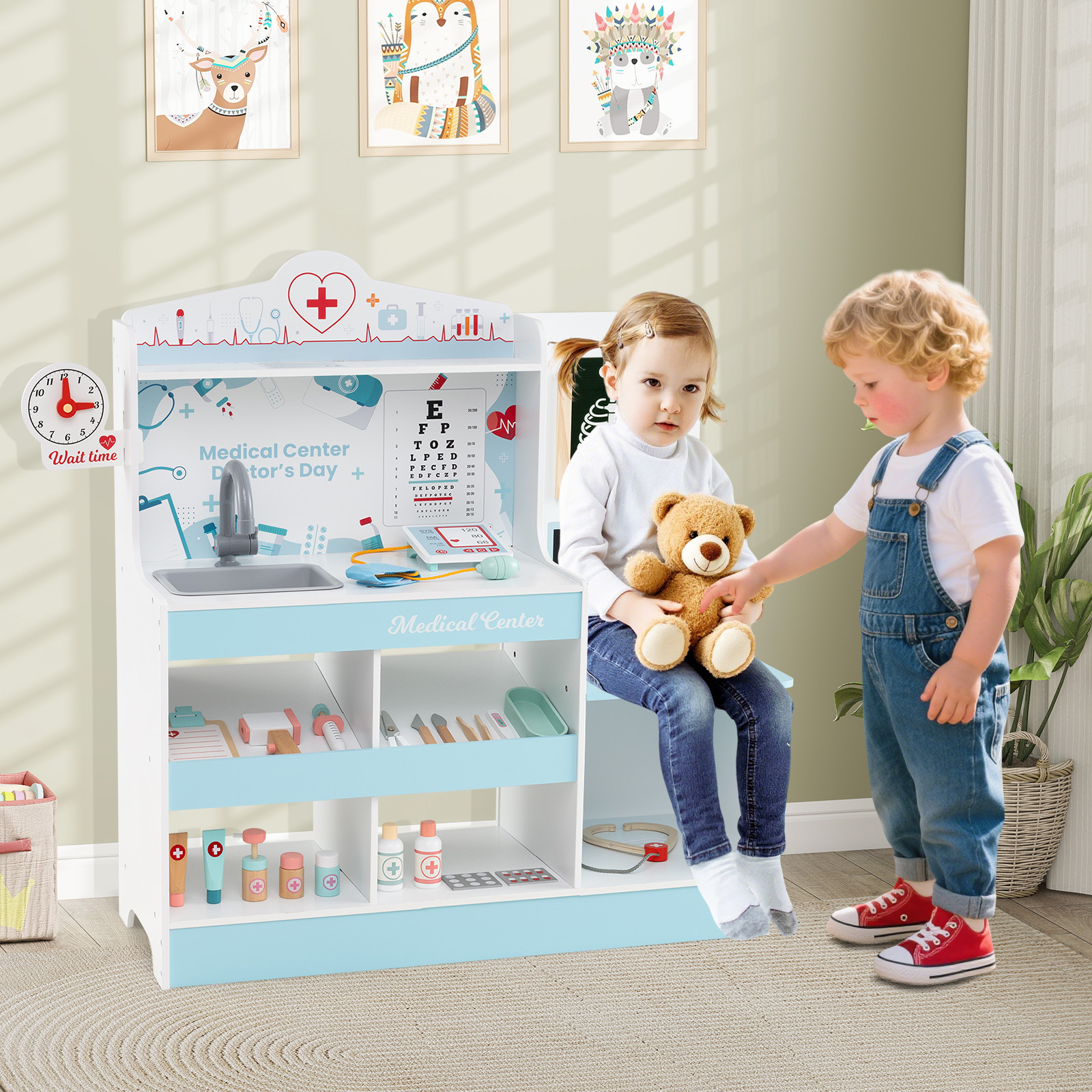 Holz-Doktor-Spielset medizinisches Zentrum für Kinder mit Uhr Waschbecken Sehtesttafel EKG-Monitor Blau