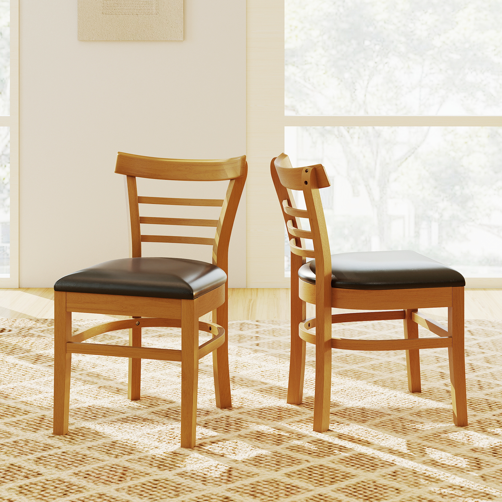 Holz-Esstischstuhlset 2 Kunstleder gepolsterte küchenstühle ohne Armlehnen mit Gummibaumholzbeinen Natur