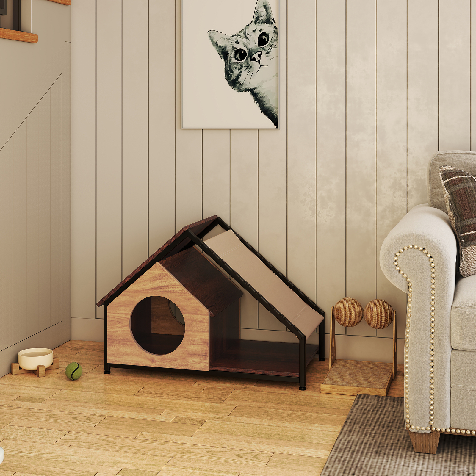 Holzhütte für Katzen für den Innenbereich Katzenhaus mit Veranda abnehmbares Schrägdach & Metallrahmen Natur