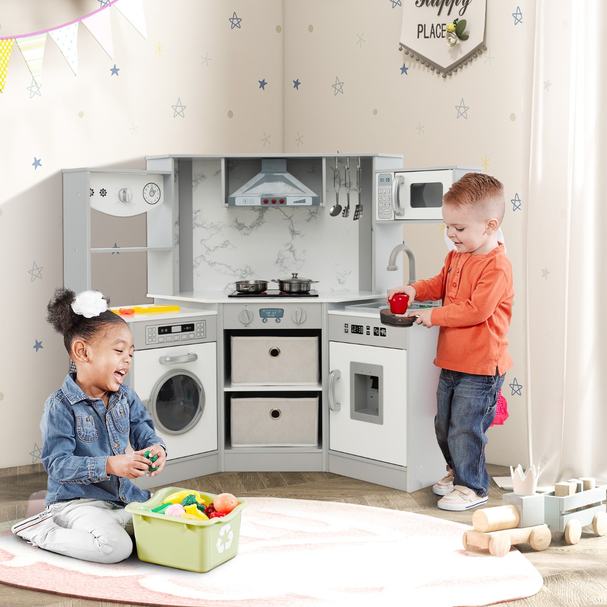 Holz Kinderküche mit Licht & Sound & Wasserspender & Waschmaschine & Zubehör Spielküche