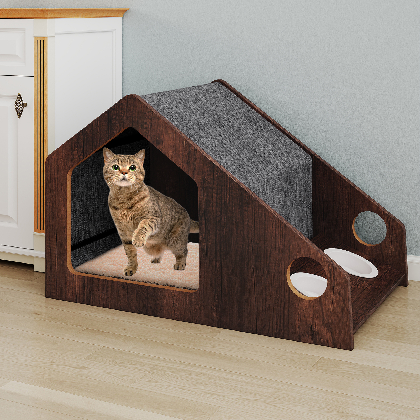 Holz-Katzenhaus für Indoor-Katzen vielseitiger Katzen-Condof Möbel mit Futterstation abnehmbares Dach Braun
