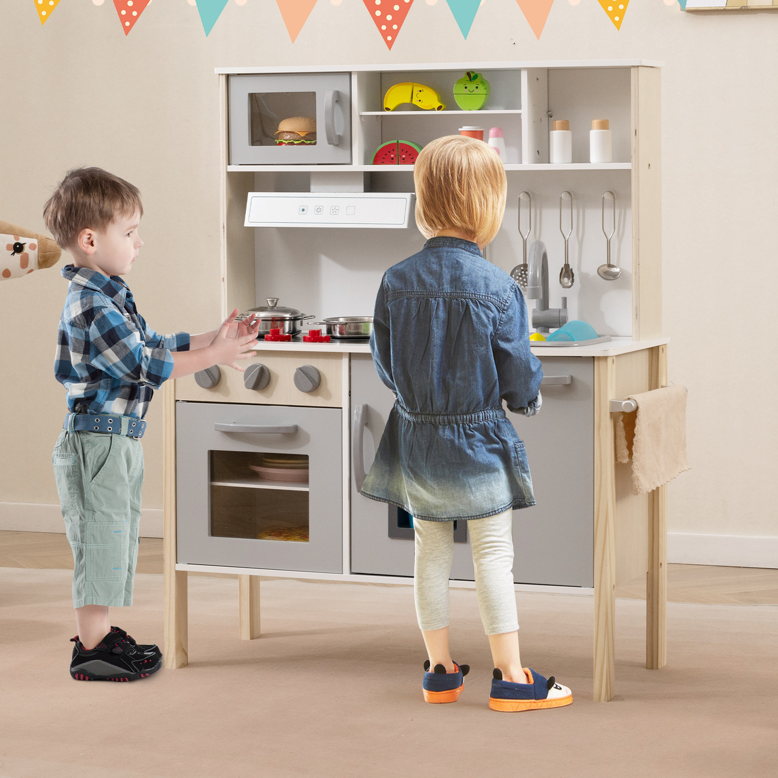 Holz Kinderküche inkl. 18 Zubehör Spielküche mit Spüle & Mikrowelle Spielzeugküche Grau