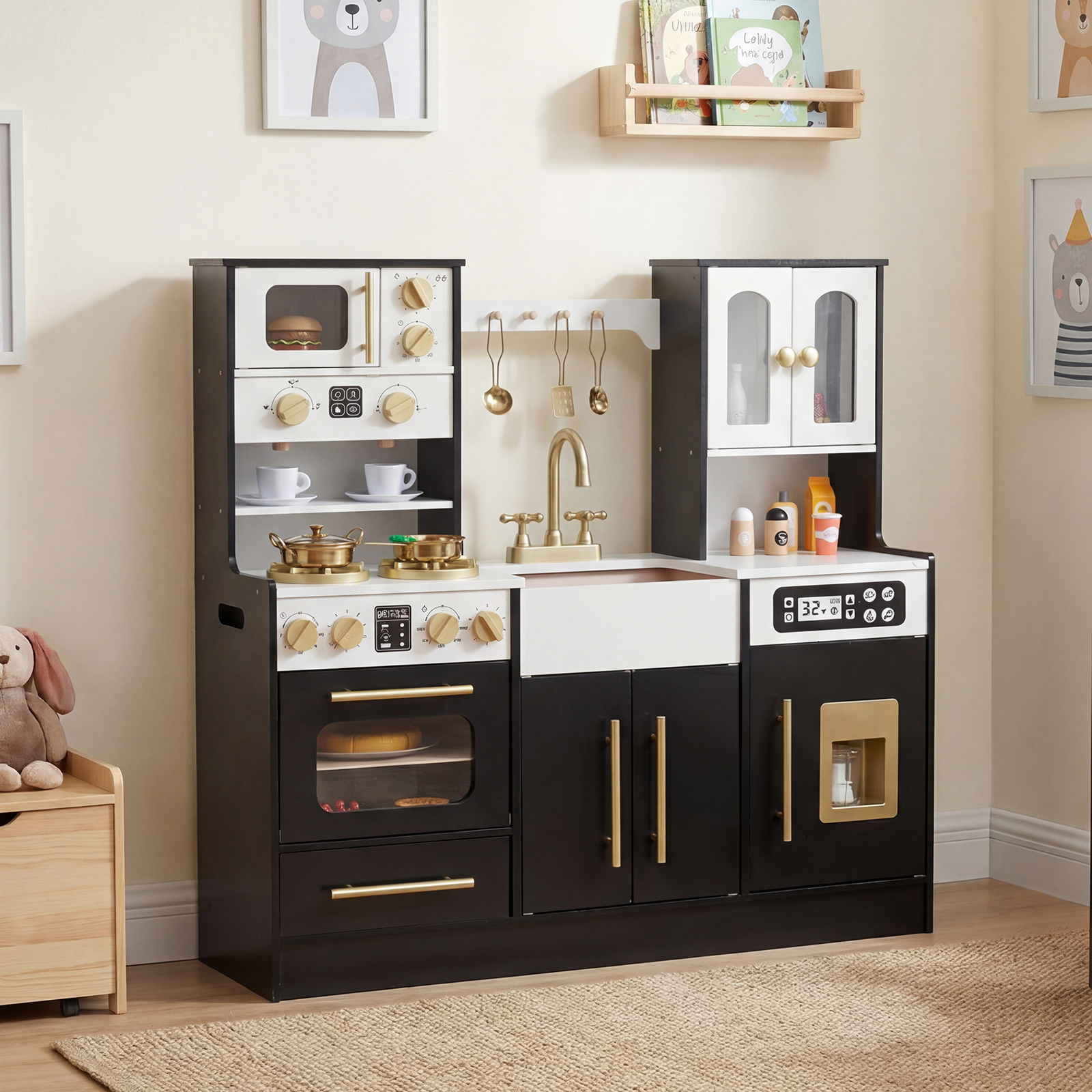 Holz Kinderküche mit Herd & Spüle Holzküche mit Licht & Sound Spielküche inkl. Zubehör Schwarz