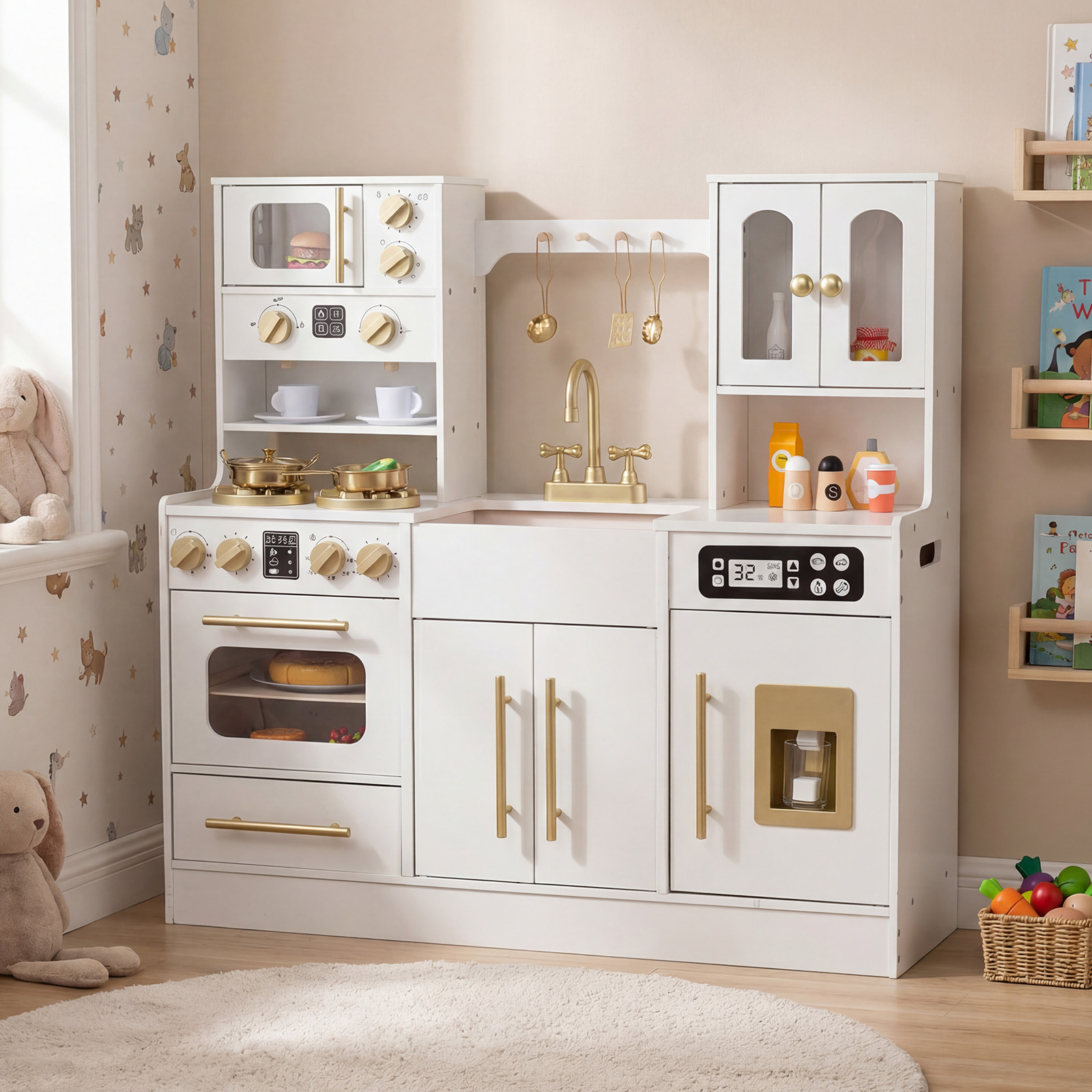 Holz Kinderküche mit Herd & Spüle Holzküche mit Licht & Sound Spielküche inkl. Zubehör Weiß