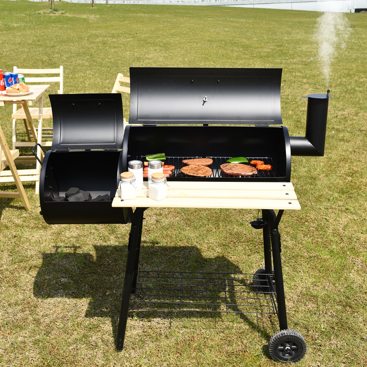 BBQ-Holzkohlegrill mit Rädern Grillwagen mit Deckel Outdoor-Grill 115 x 65 x 108 cm Schwarz