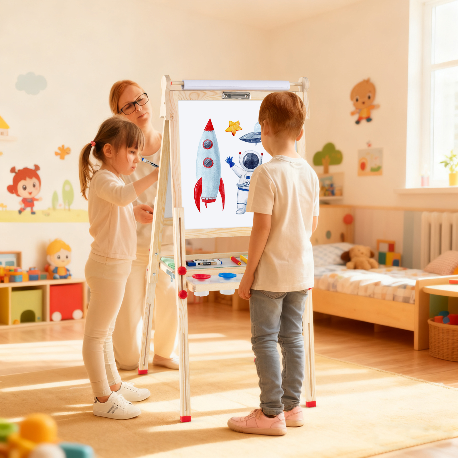 Holz-Kunststaffelei für Kinder 3-in-1 klappbare doppelseitige magnetische Staffelei mit Whiteboard Tafel Natur
