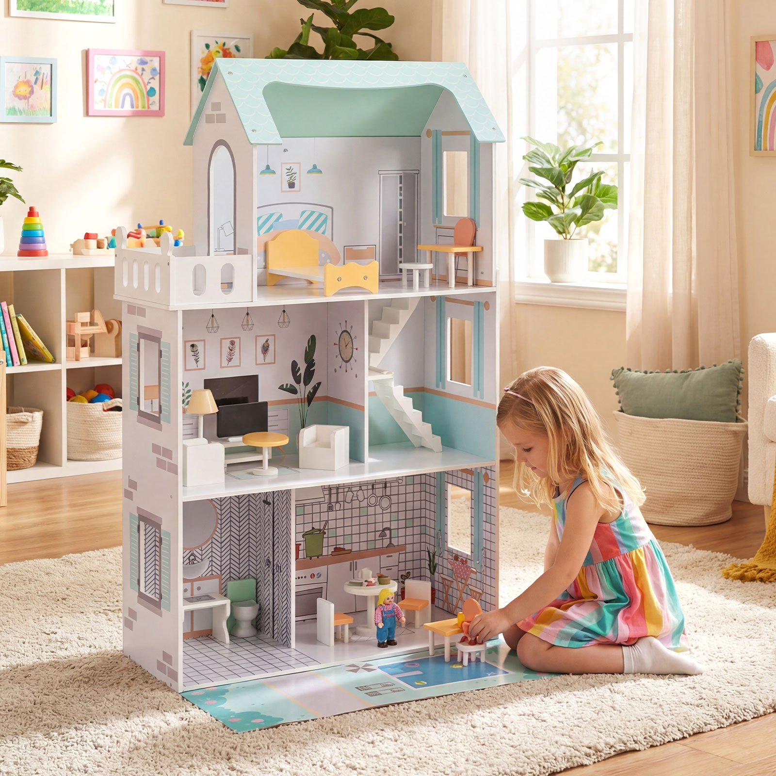 Holz Puppenhaus mit 17-teiliger Möbelausstattung & Treppenzubehör Dollhouse Grün