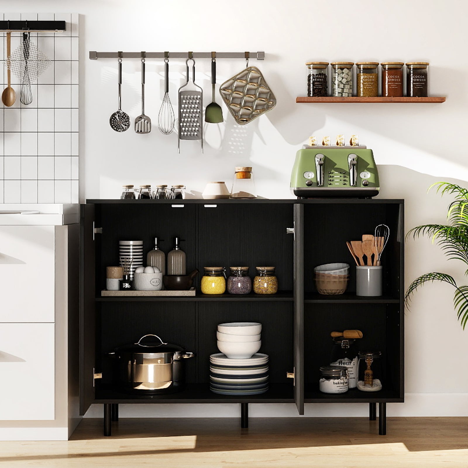 Holz Sideboard mit 4 Fächern & 2 Türen & Verstellbare Ablagen Buffetschrank Küchenschrank Schwarz