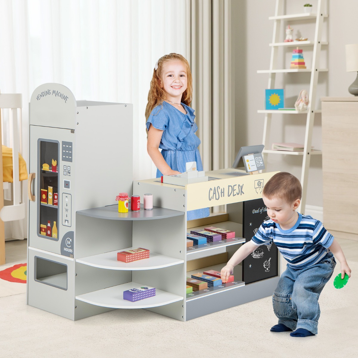 Kinder Supermarkt Spielset mit Kasse & POS-Maschine & Verkaufsautomat & Tafel Grau