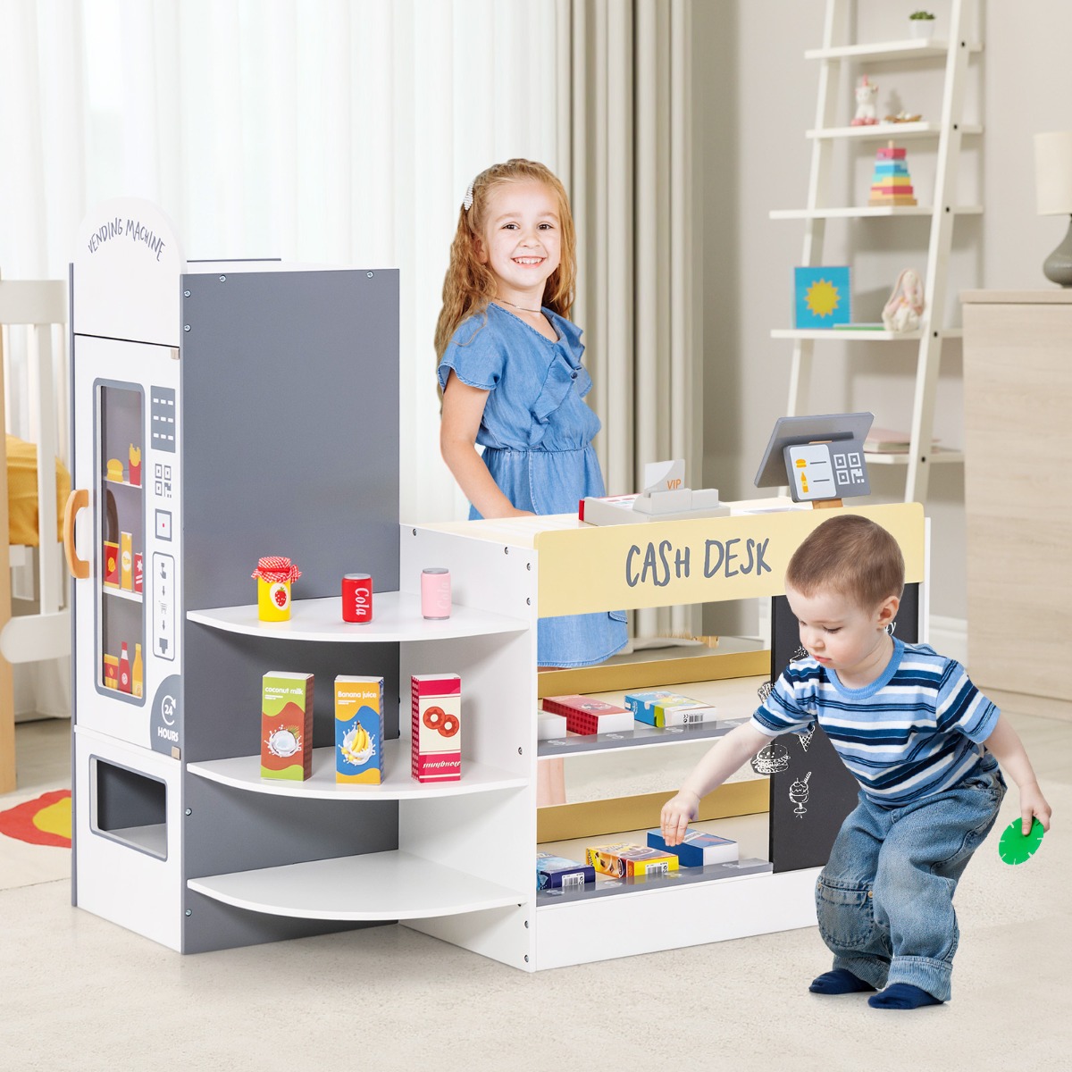 Kinder Supermarkt Spielset mit Kasse & POS-Maschine & Verkaufsautomat & Tafel Weiß