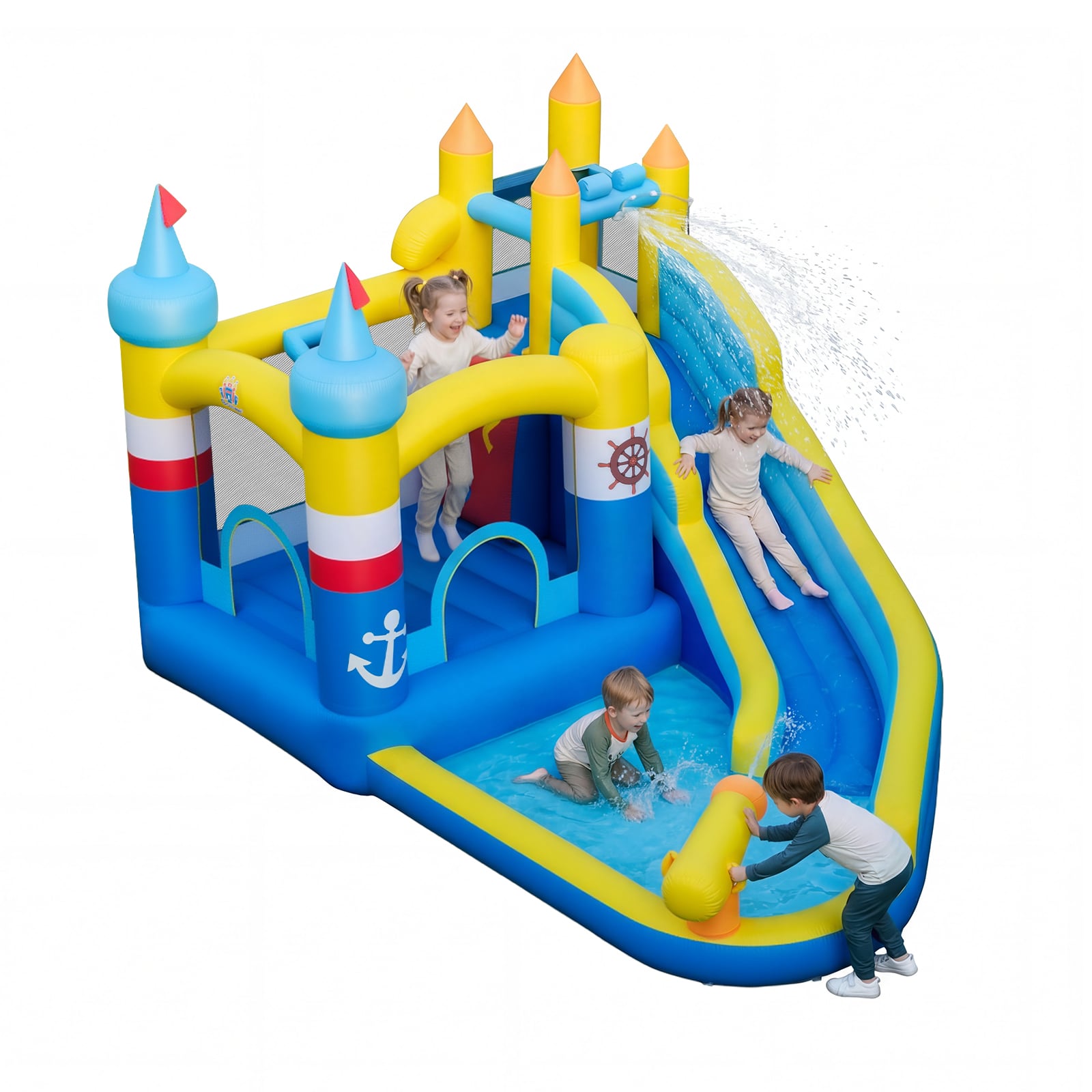 Hüpfburg mit Wasserrutsche Sprungbereich Planschbecken Wasserkanone Kletterwand Ozeanbällen 431 x 290 x 259 cm (Ohne Gebläse)