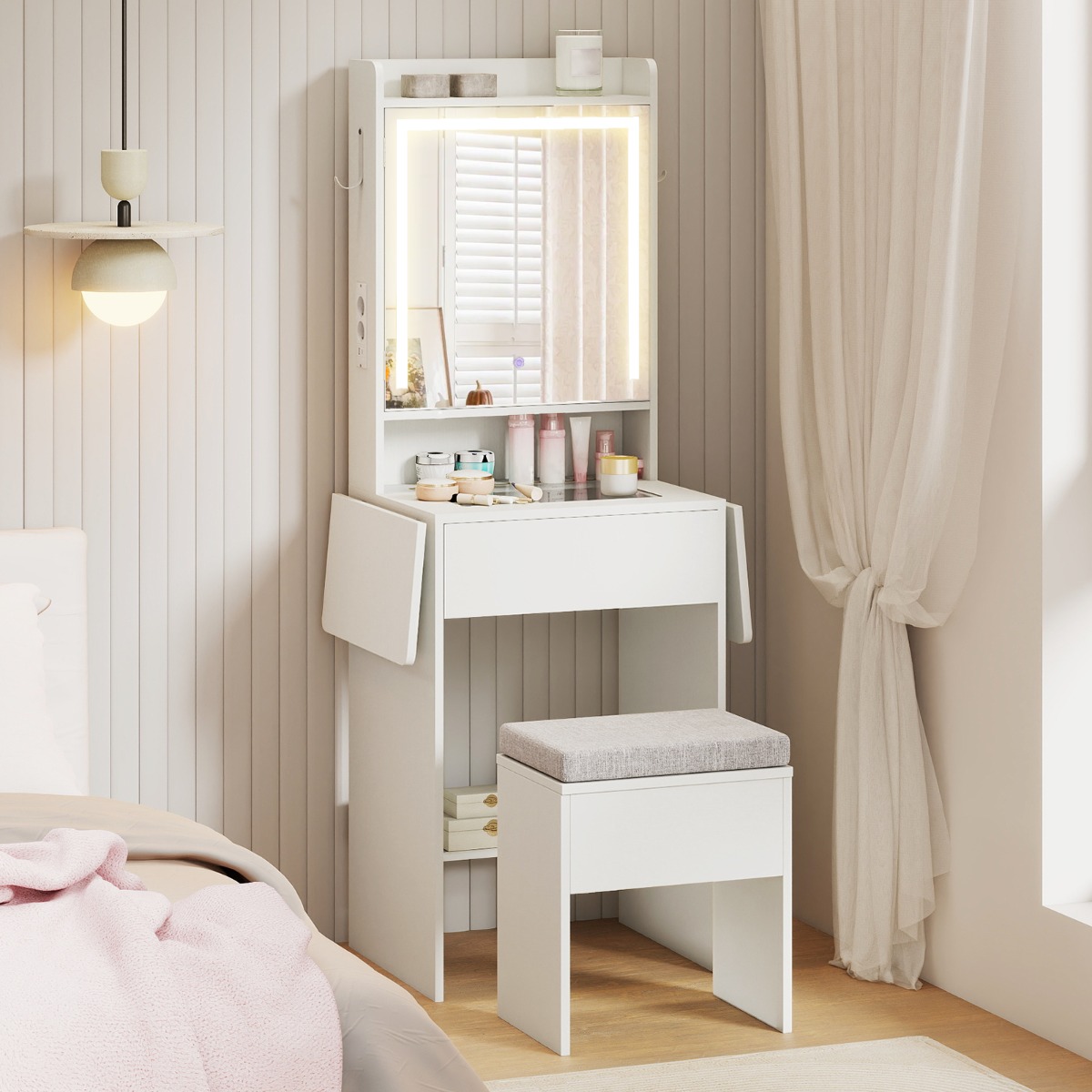 Schminktisch mit 3 Farbe LED Spiegel & Hocker & Steckdosen Frisiertisch Set Schmaler Kosmetiktisch