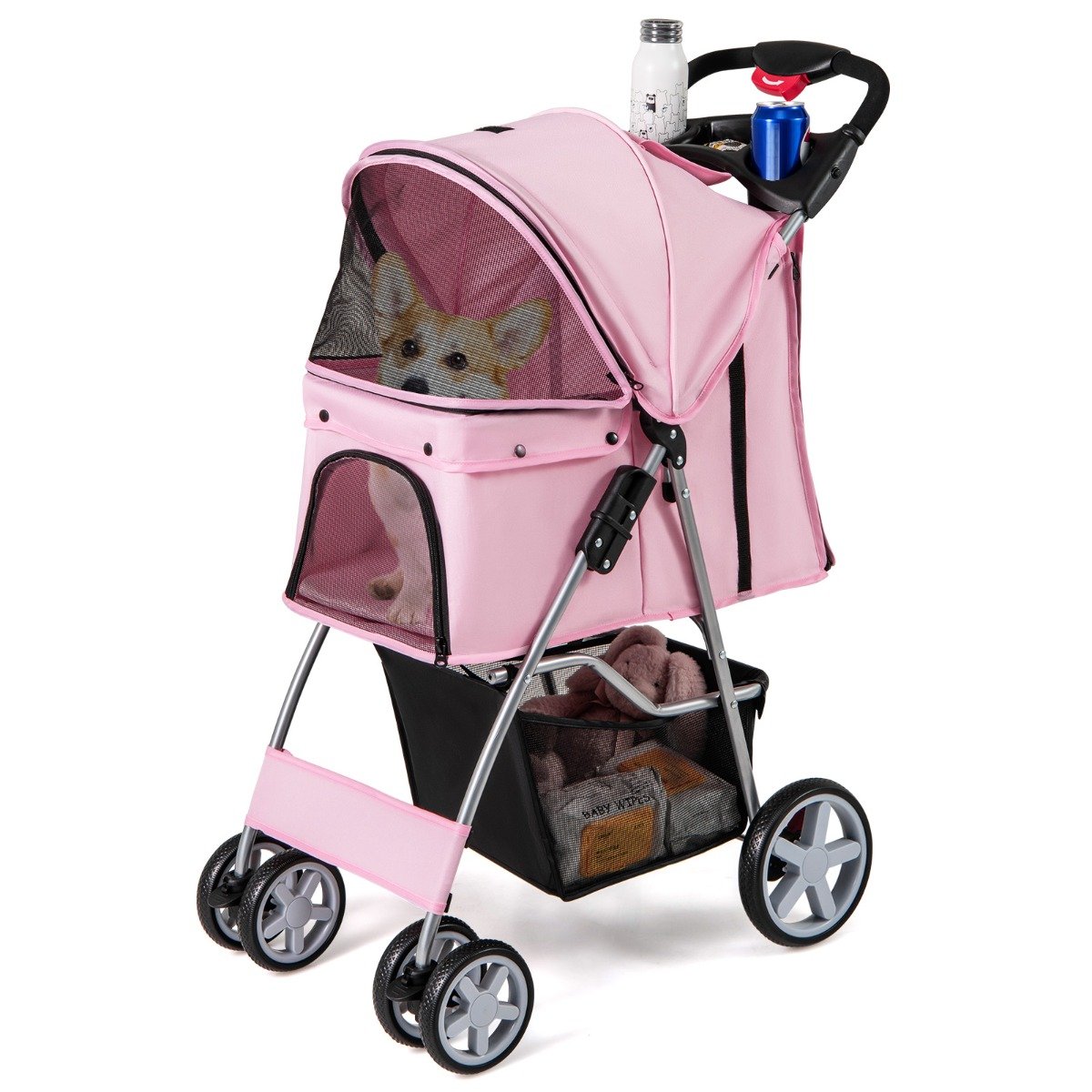 Hundewagen mit Netzfenstern & Getränkehalter & Anhänger Haustiere Buggy bis 15kg Rosa