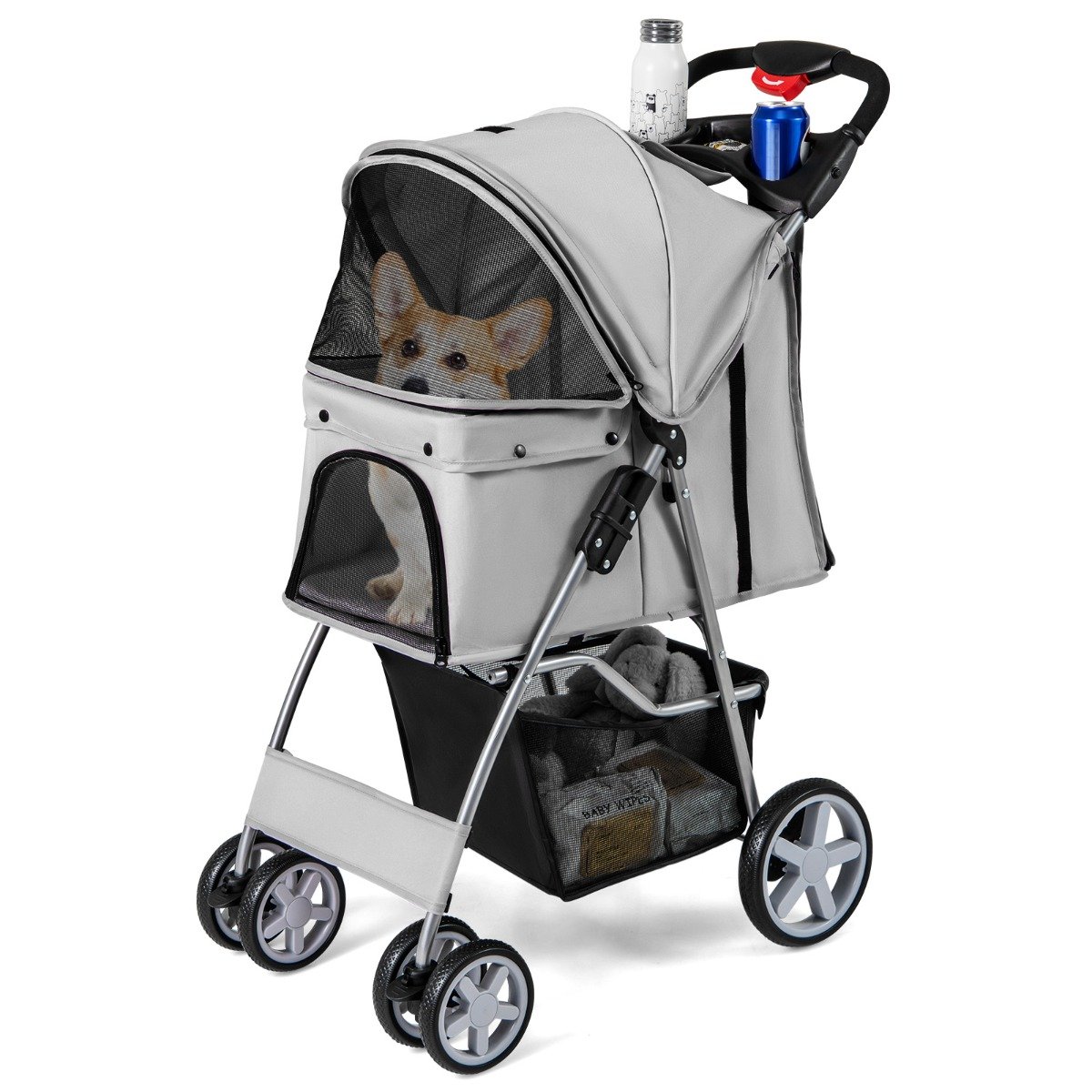 Hundewagen mit Netzfenstern & Getränkehalter & Anhänger Haustiere Buggy bis 15kg Grau