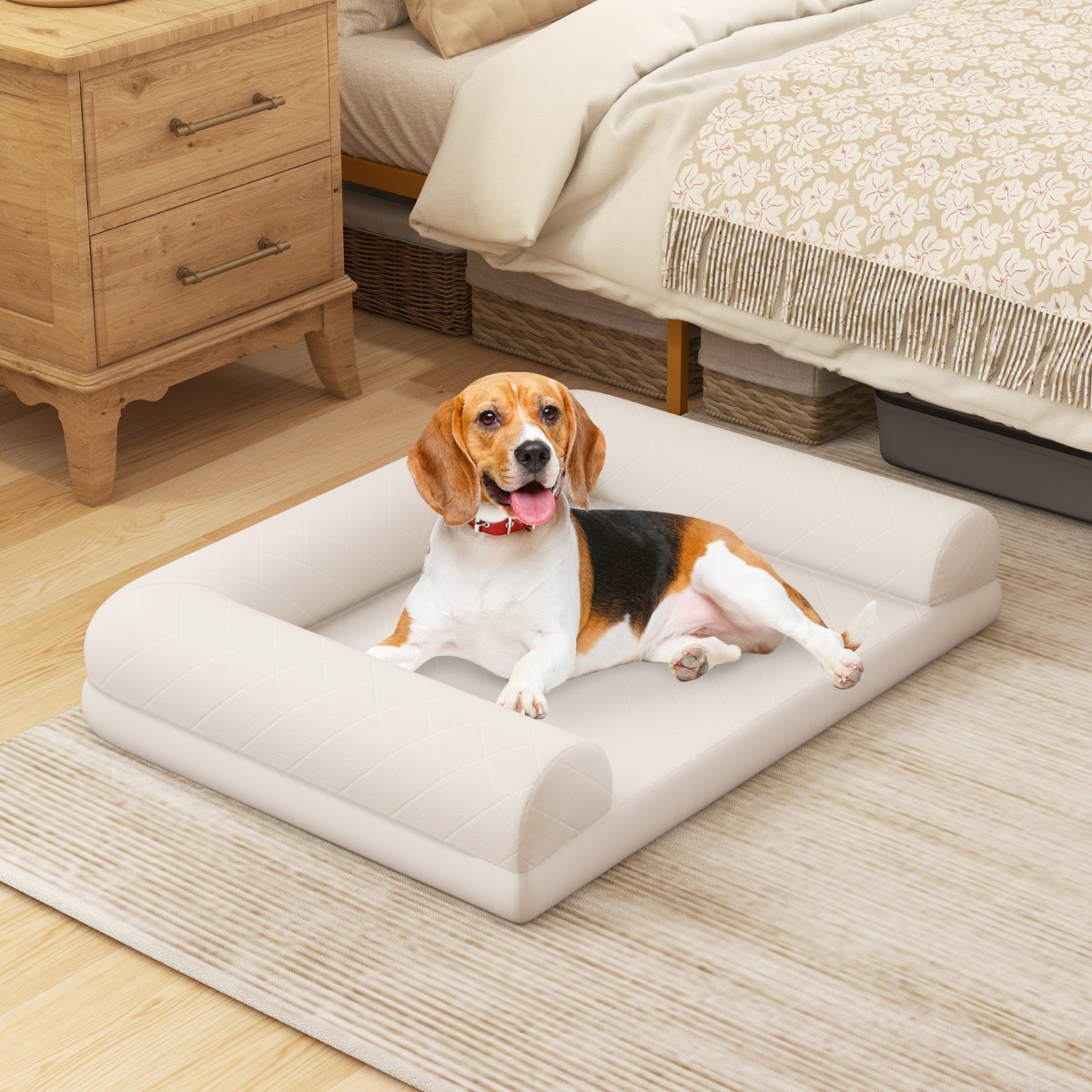 Orthopädisches Hundebett für mittelgroße Hunde Hundecouch mit eierförmiger Kistenschaum Beige