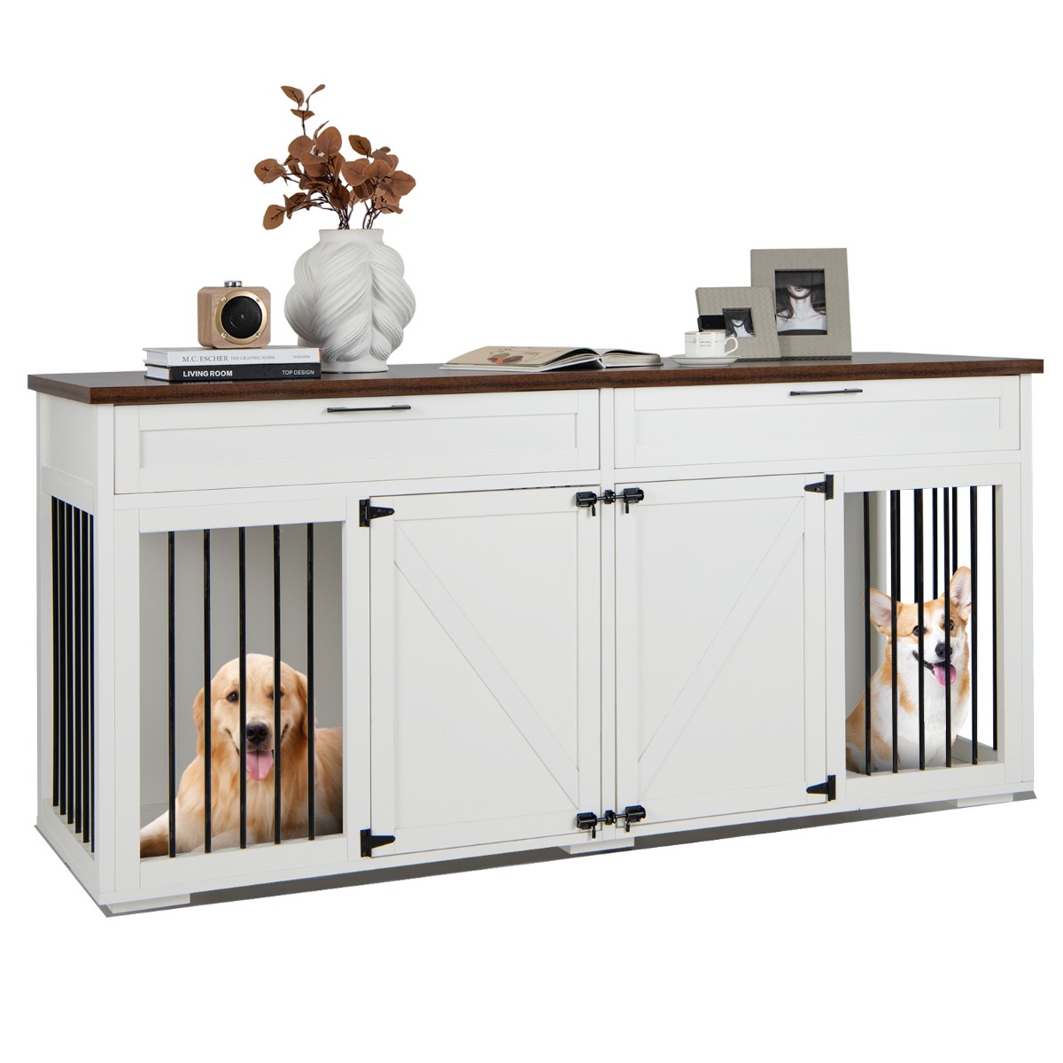 3 in 1 Hundekäfig mit 2 Türen & 2 Schubladen & Trennwand Hundebox im Möbelstil Weiß