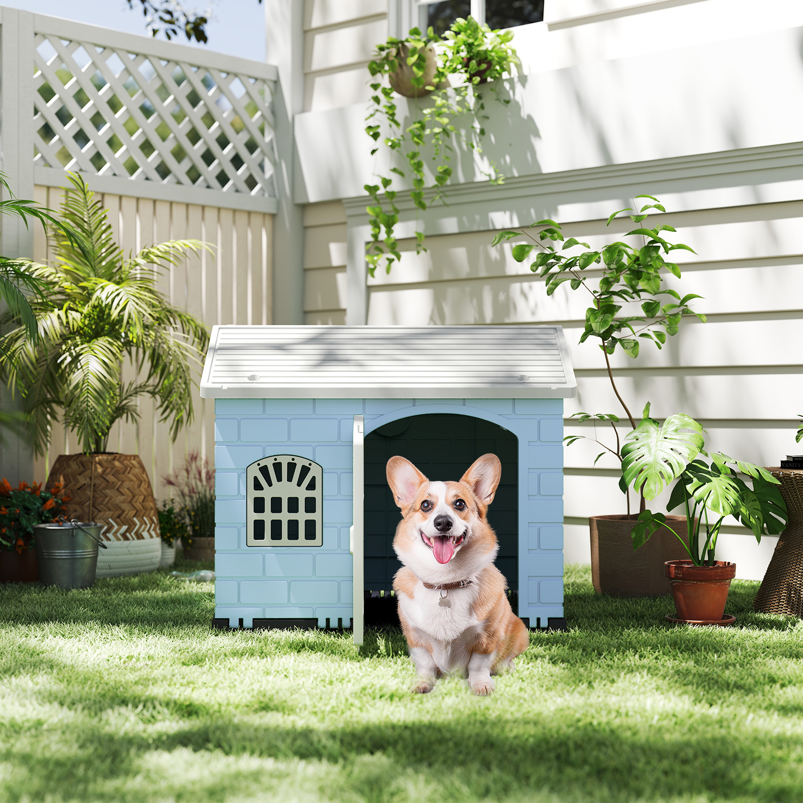 Hundehütte Kunststoff wetterfester Hundehaus mit abschließbarer Tür 3 Fenstern & Schrägdach für kleine Hunde Katzen Blau