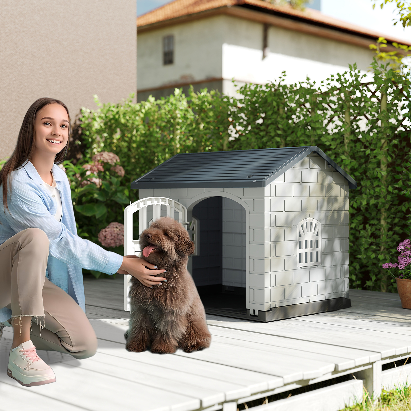 Hundehütte Kunststoff wetterfester Hundehaus mit abschließbarer Tür 3 Fenstern & Schrägdach für kleine Hunde Katzen Grau