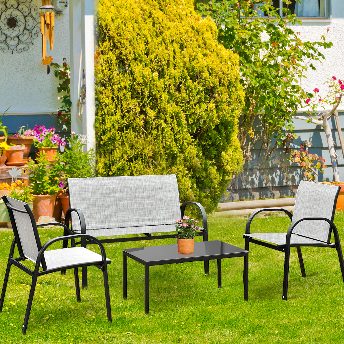 4-teiliges Terrassenmöbelset Balkon Terrasse Set Gartengarnitur Gartenmöbel Grau