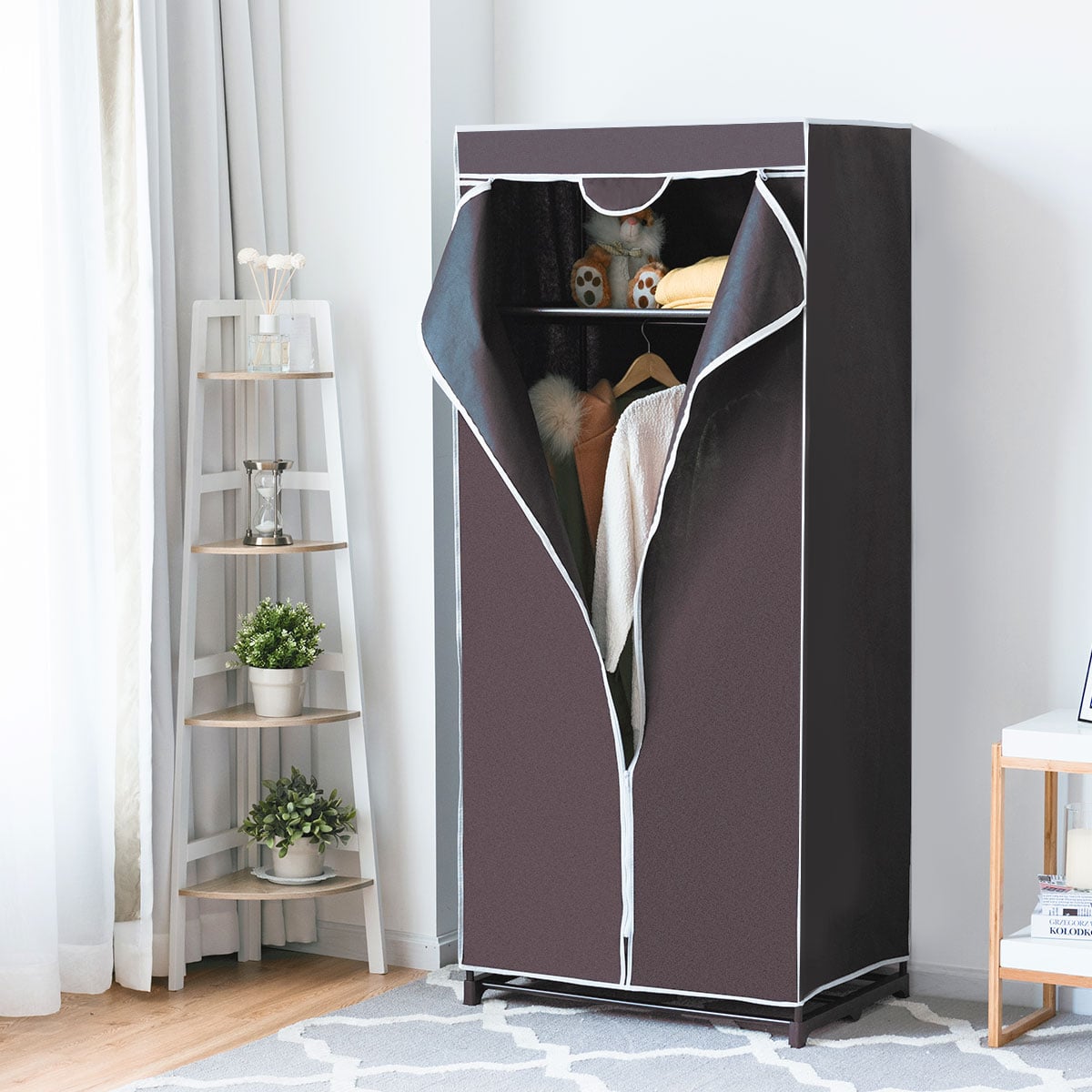 Stoff Kleiderschrank mit Kleiderstange & Ablage Stoffschrank Faltschrank Stoffkleiderschrank Braun